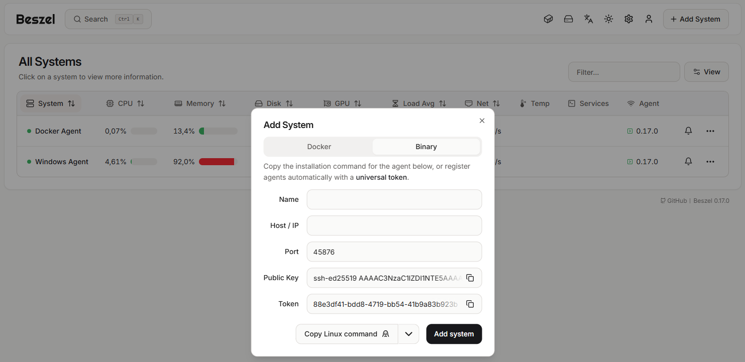 Beszel monitoring dashboard overview showing all systems