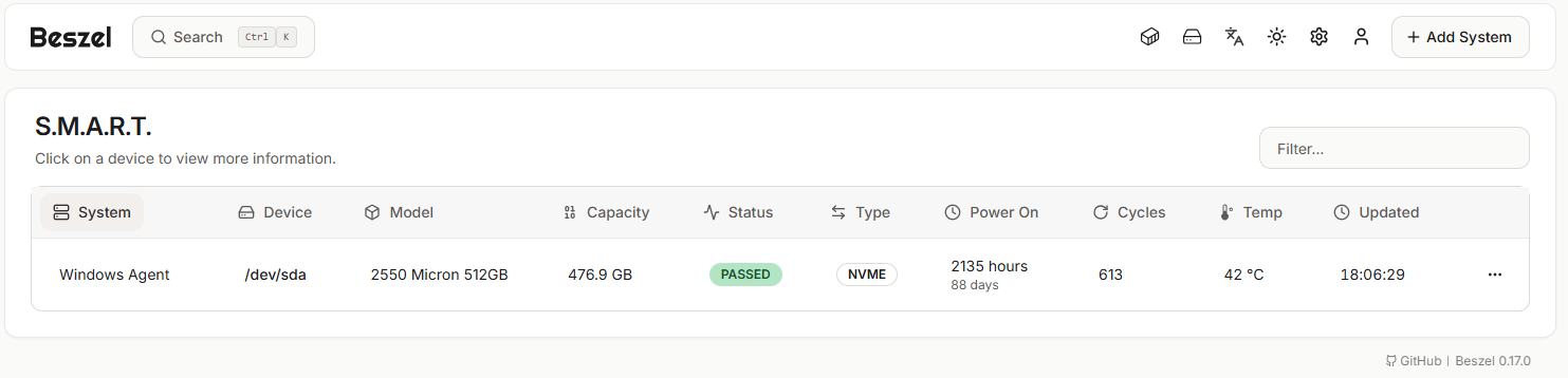 Beszel disk health monitoring using S.M.A.R.T. data