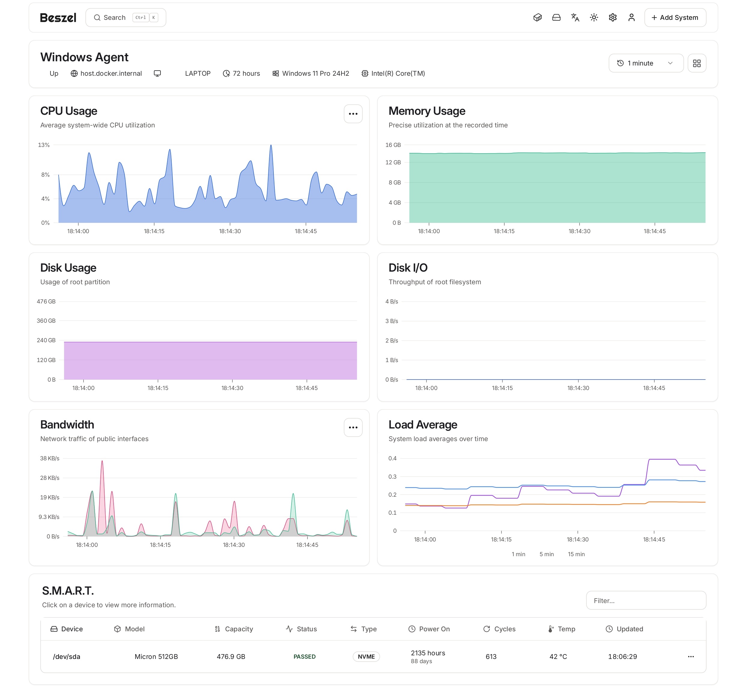 Beszel agent monitoring a Windows server system metrics